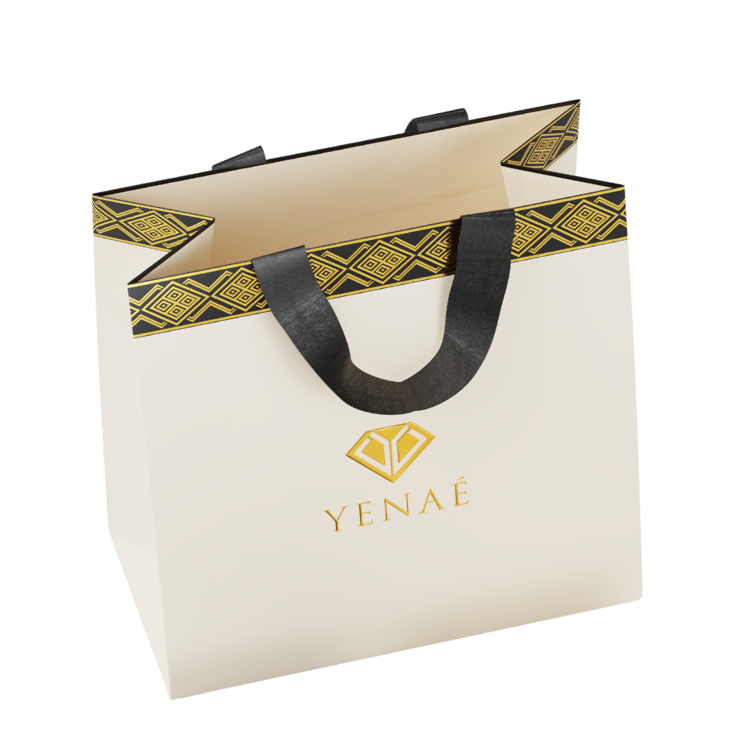 Gift Bag with black handles, gold geometric trim, YENAE logo