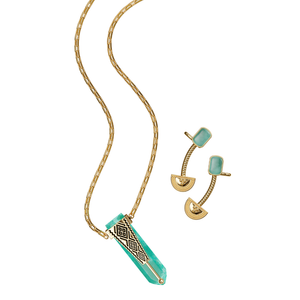 18K gold-plated necklace with turquoise teardrop pendant and geometric inlay