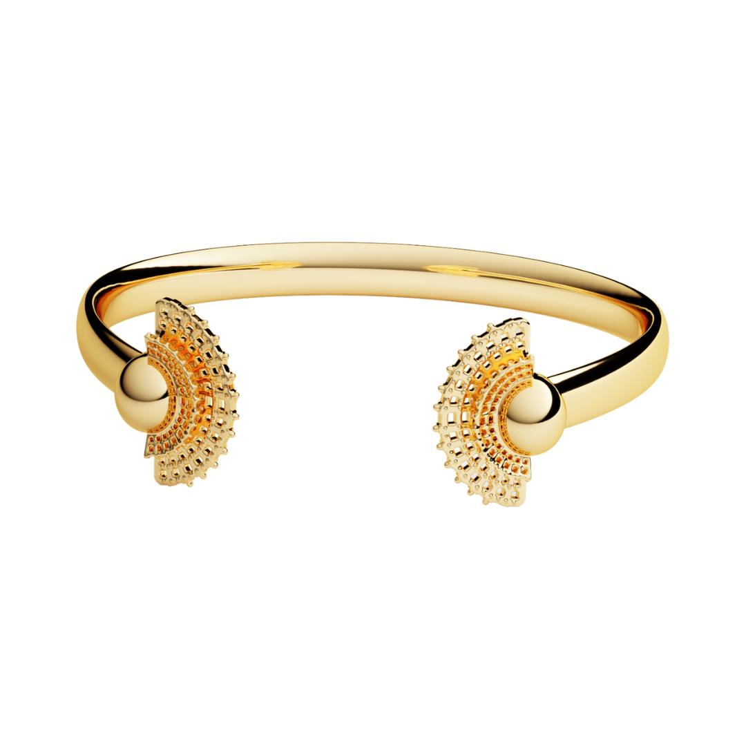 18K gold-plated bangle bracelet with crescent beadwork accents and round end caps
