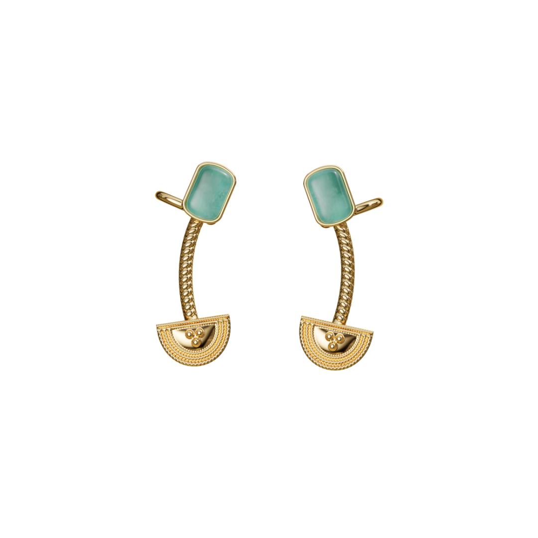 Turquoise square top hoop earrings with half-moon gold filigree drop