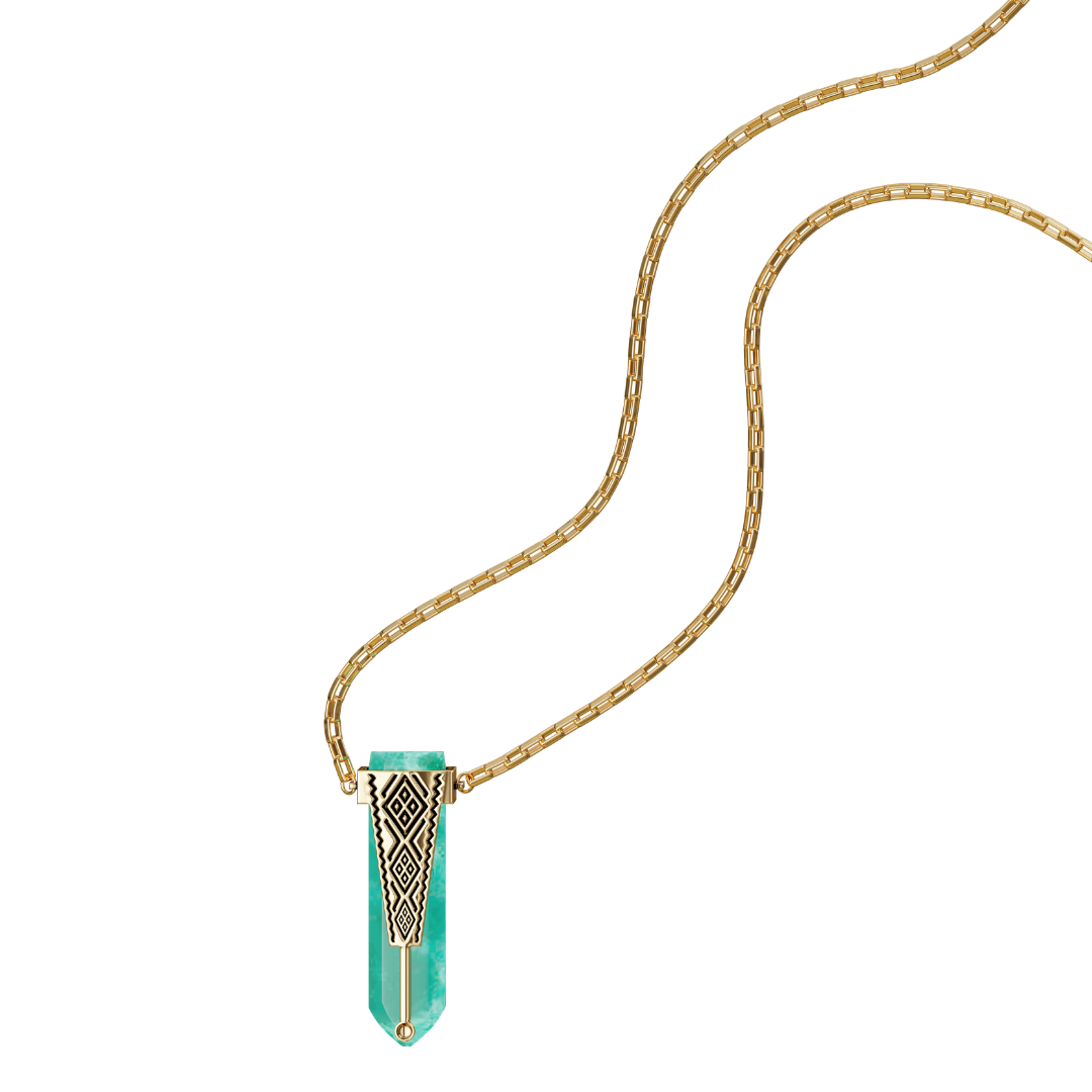 Gold-tone chain necklace with long teardrop turquoise pendant and black patterned centerpiece