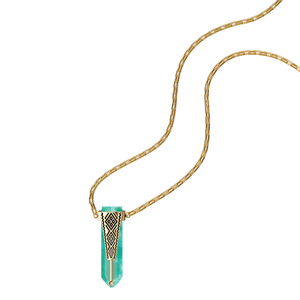 Gold-tone chain necklace with long teardrop turquoise pendant and black patterned centerpiece