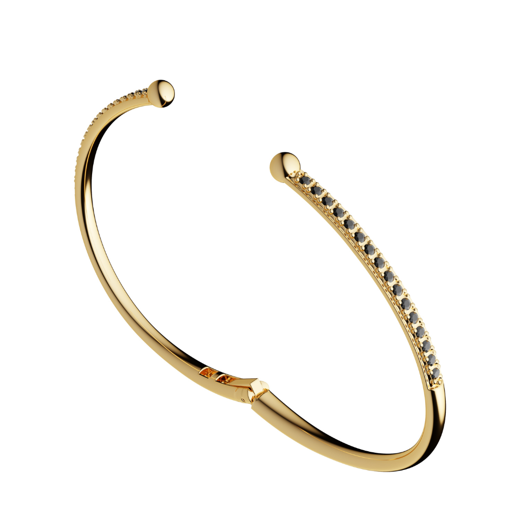 Honeycomb bracelet with gold clasp and black pavé center stripe, round finials