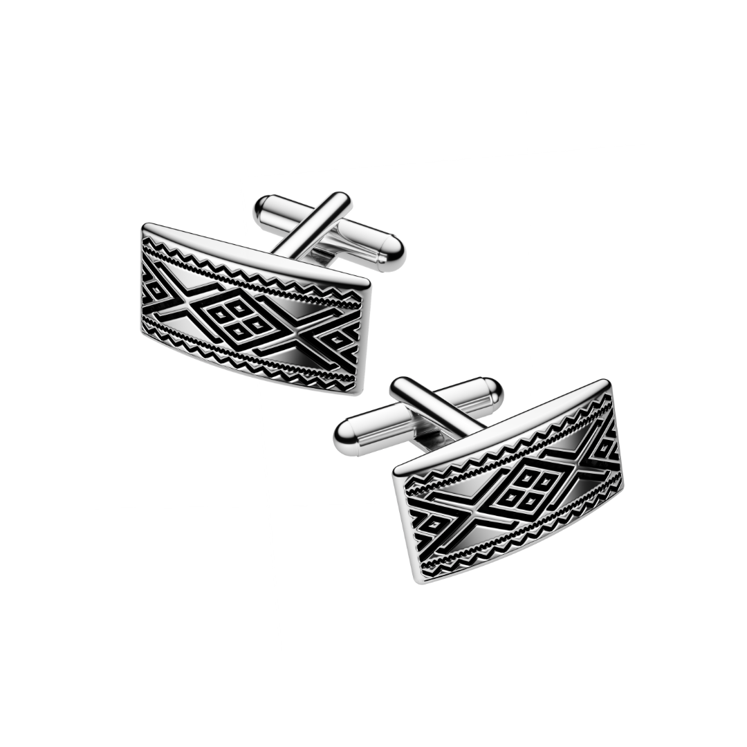 Rhodiated cufflinks with black geometric enamel, rectangular bar design