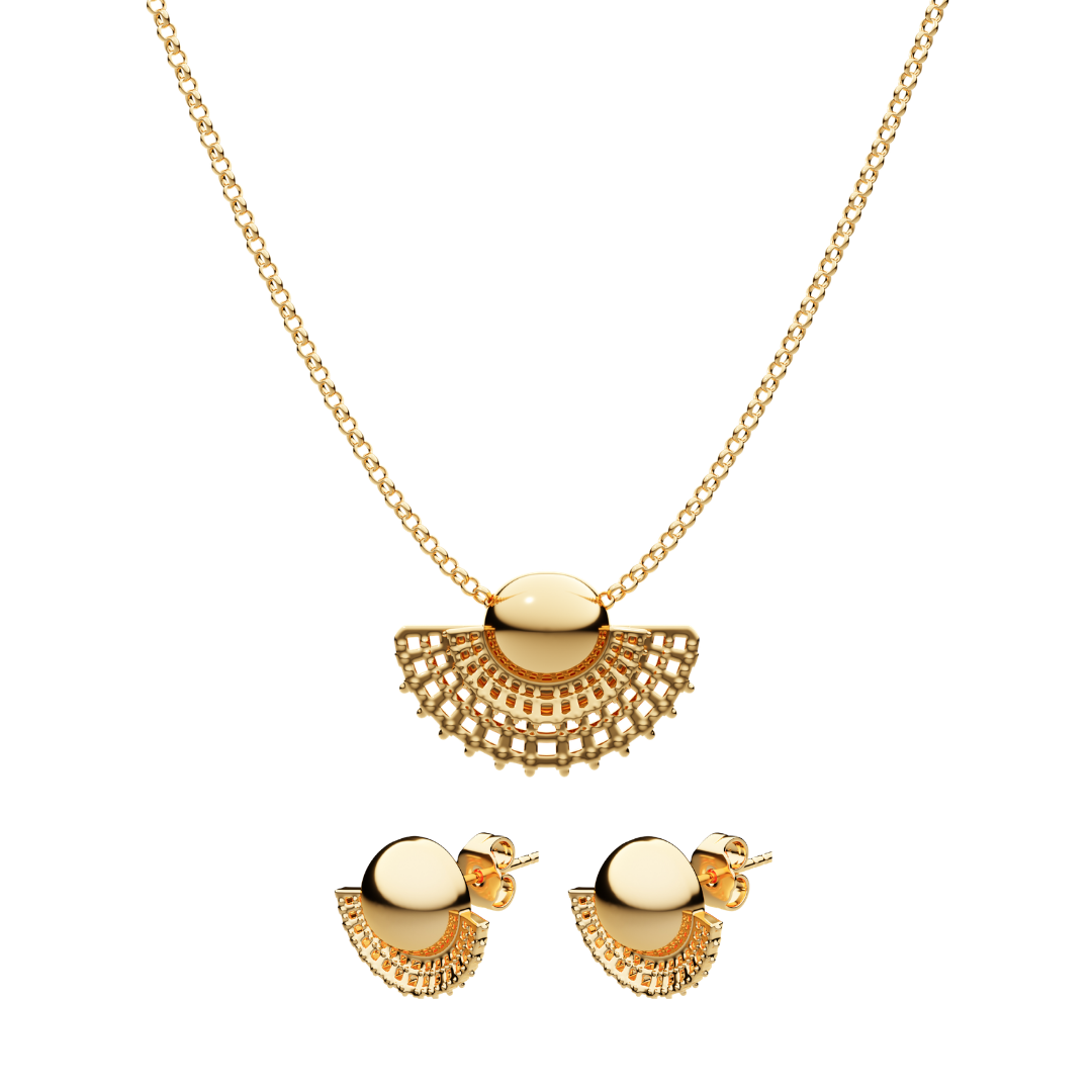 18K gold-plated necklace with semicircle beaded pendant and matching round stud earrings