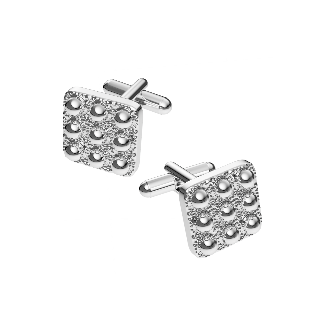 Rhodium-plated dome cufflinks with textured metal and circular stud details