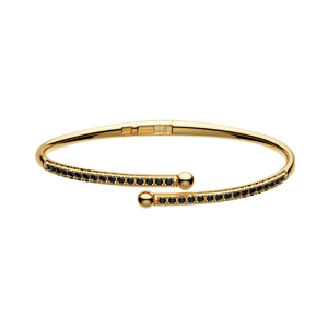 Honeycomb bangle bracelet, 18K gold-plated with black pavé stripe and round end caps