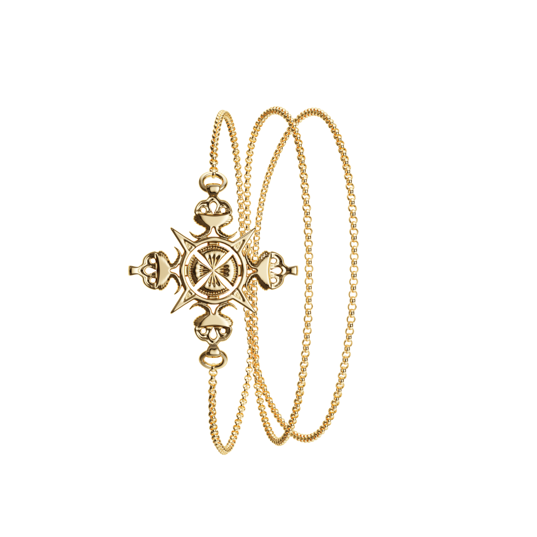 3-in-1 gold cross necklace set with sunburst pendant and linked charms