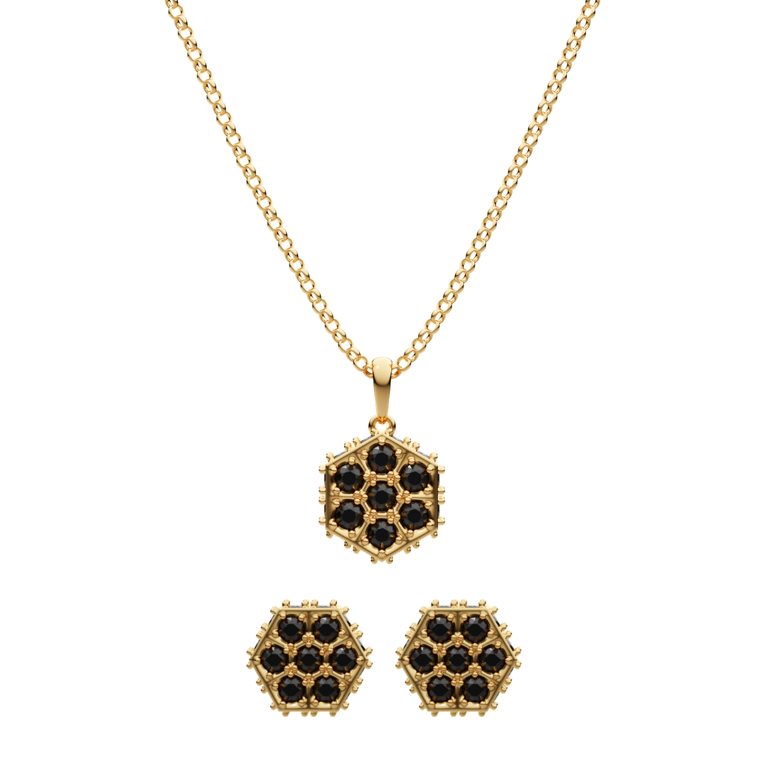 Honeycomb necklace & stud earrings set, gold-plated with black crystal clusters