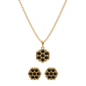 Honeycomb necklace & stud earrings set, gold-plated with black crystal clusters