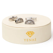 Yenaé Rhodium Plated Telsom (Semi-Circle) cufflink Displayed on package.