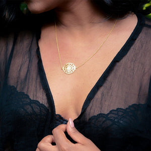 A Model Wearing Yenaé 14K Gold Plated Axum Center Cross Pendant Necklace