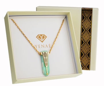 Yenaé Jewelry Collection 14 carat gold plated semi-precious gemstone Woriro chrysoprase necklace in a gift ready package.