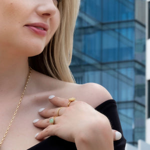 Yenaé Jewelry Collection 14 carat gold plated semi-precious chrysoprase gemstone Teslom Stackable Ring  worn by a model.