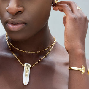 Yenaé Jewelry Collection 14 carat gold plated  semi-precious gemstone Woriro quartz necklace worn by a model.