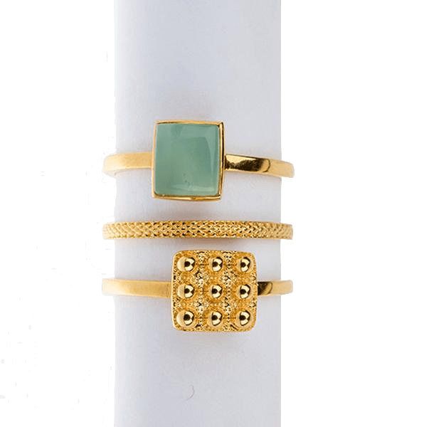 Yenaé Jewelry Collection 14 carat gold plated semi-precious chrysoprase gemstone Teslom Stackable Ring  displayed.