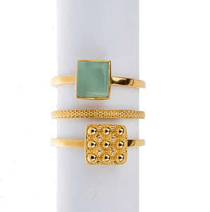 Yenaé Jewelry Collection 14 carat gold plated semi-precious chrysoprase gemstone Teslom Stackable Ring  displayed.