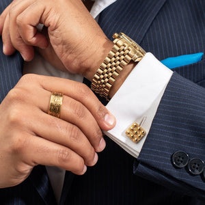 Yenaé 14K Gold Plated Telsom Dome cufflink worn by a model.
